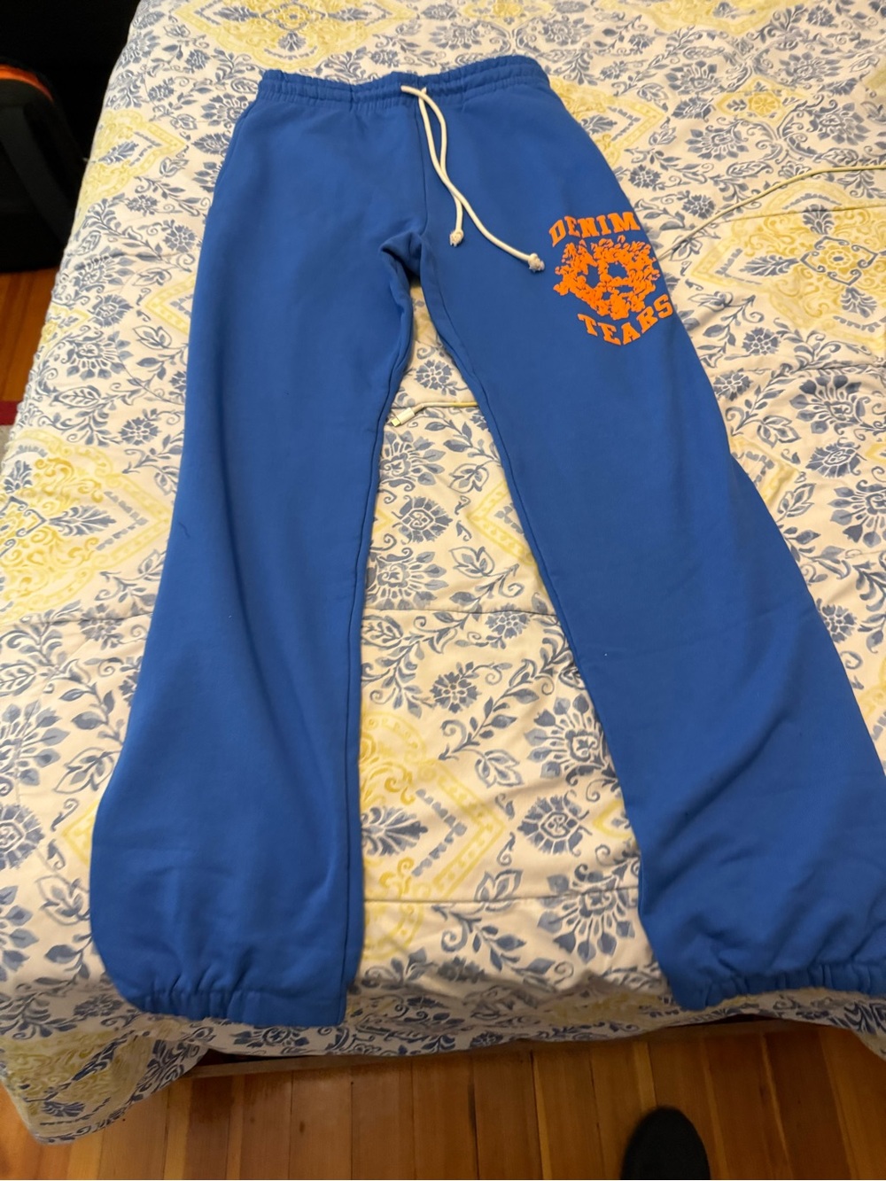 Denim Tears Blue Mens Sweatpants with Orange Logo Print